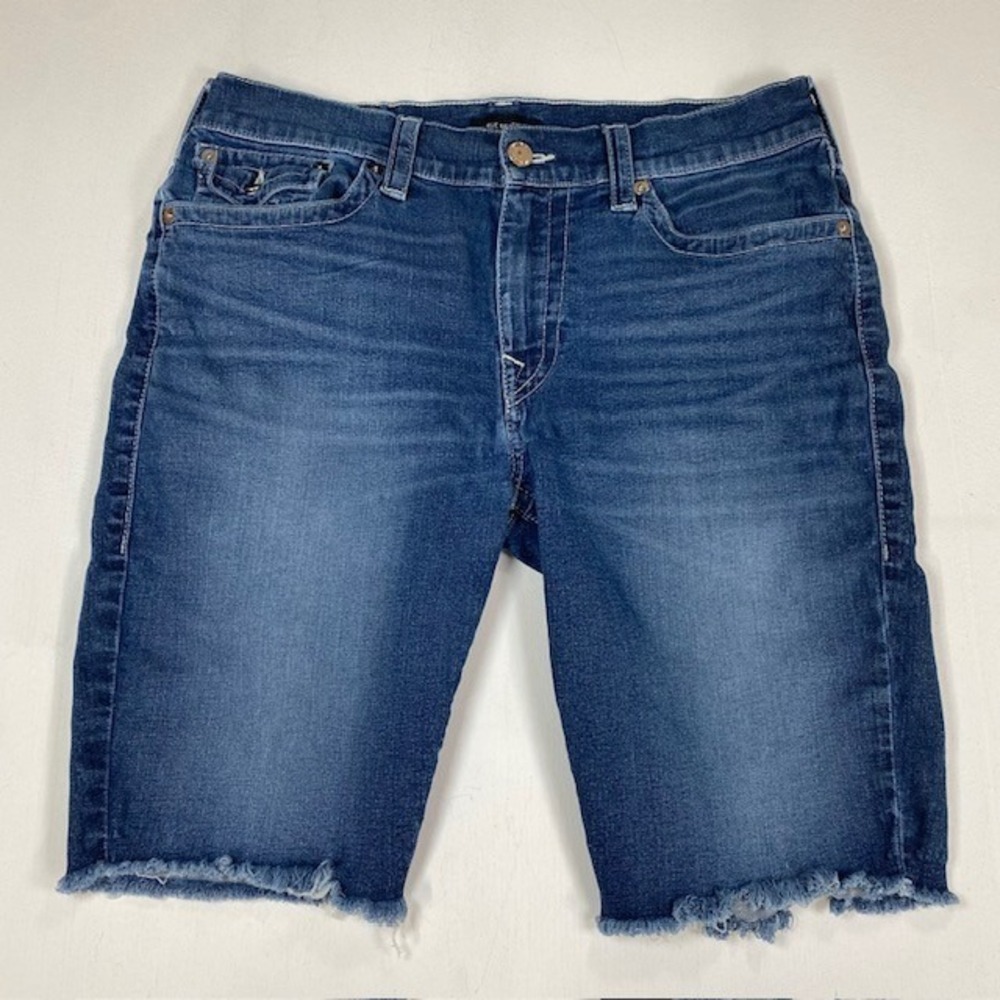 True Religion Ricky Short Mens 36 Regatta Blue Denim Cut Off Frayed Hem Shorts